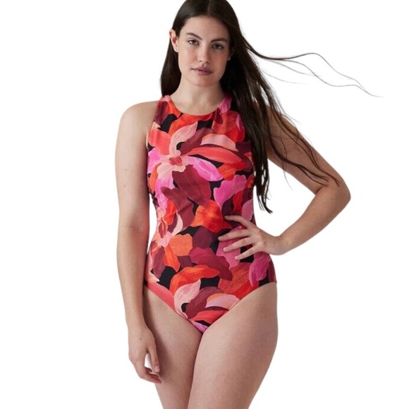 Athleta One-Piece Swimsuit Women's Size Medium Pink Floral Maldives High Neck‎ - Picture 1 of 11